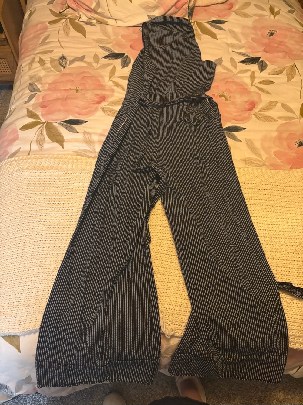 Maeve Navy and White Pinstripe Button-Front Jumpsuit - Picture 2 of 3